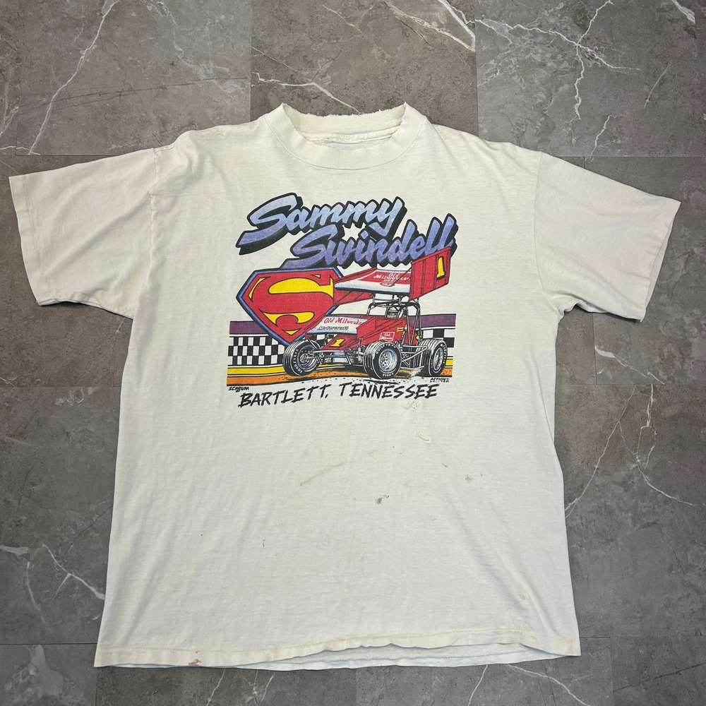 80s Vintage SAmmy Swindell Graphic Tee Mens Large Distressed Dirt Racing Shirt